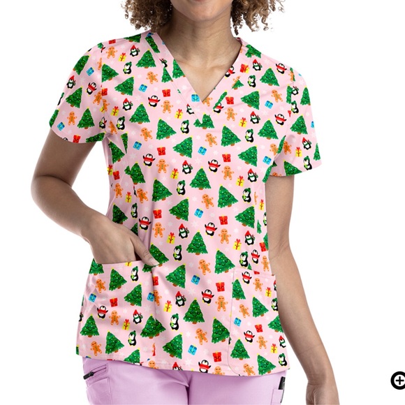 Prints by Maevn Holiday Party Women’s V-Neck Scrub Top-XS - Picture 2 of 8